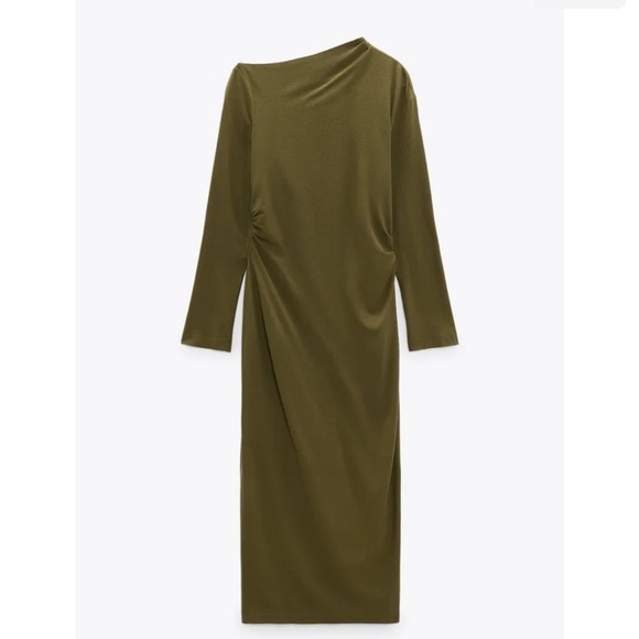 Zara Khaki Fitted Wool Blend Dress With Pleats Asymmetric Neckline - Picture 1 of 4